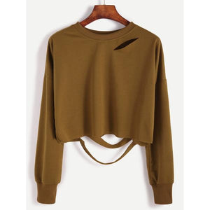 Cut Out Distressed Crop Sweat Shirt/Comes In Two Colors/Khaki or Grey
